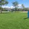 a grassy area with trees and a structure in the back